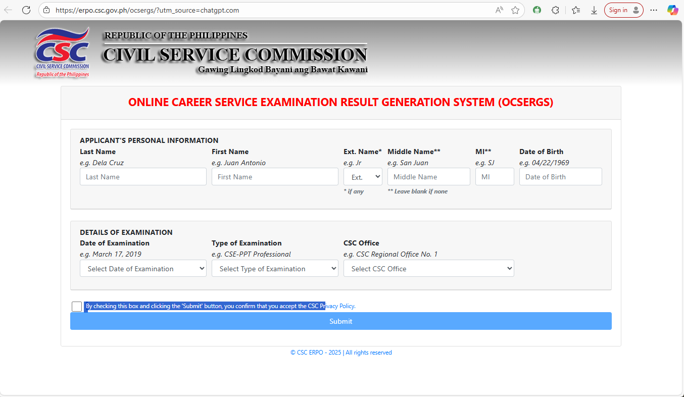 OCSERGS Civil Service Exam Result Portal